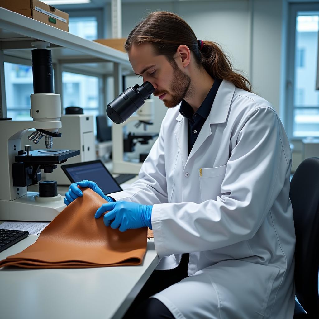 Scientist examining leather samples in a research laboratory