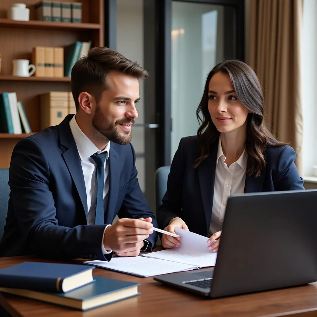 A lawyer in their office explaining legal documents to a client