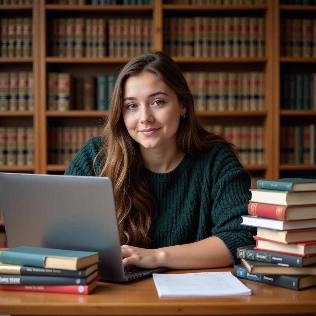 Legal research using books and laptop