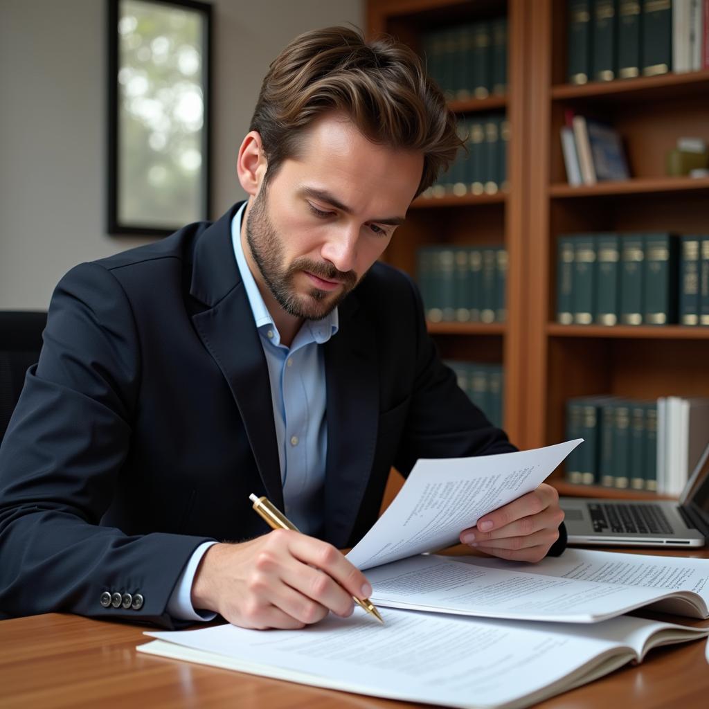 Lawyer reviewing legal documents at a desk