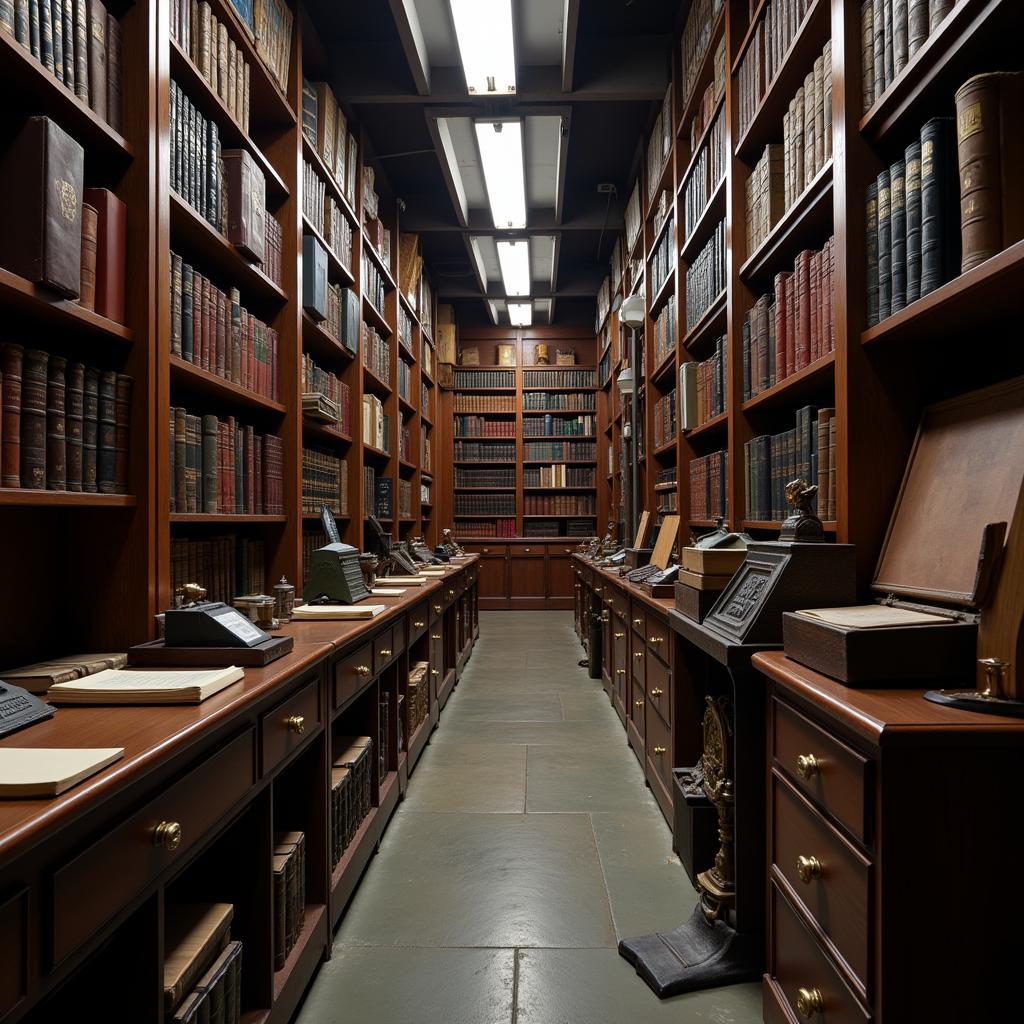  Rows of towering bookshelves filled with antique books, journals, and handwritten documents, lit by flickering gas lamps. 