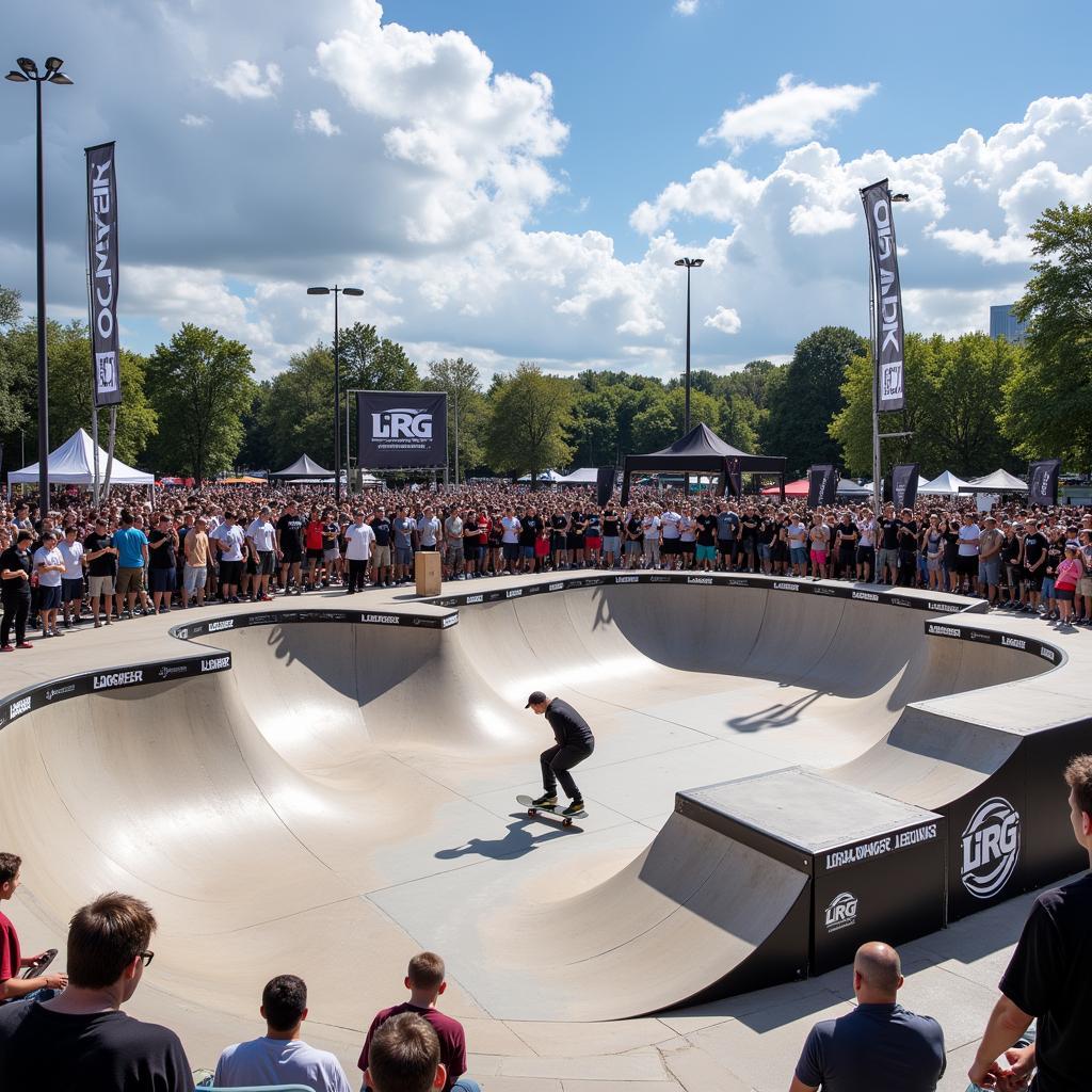 LRG sponsored skateboarding event with skaters performing tricks