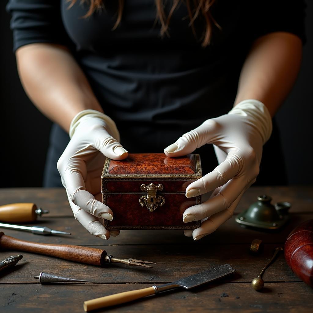 A researcher in the Linn Henley Research Library carefully examines a mysterious artifact, using gloves and specialized equipment.