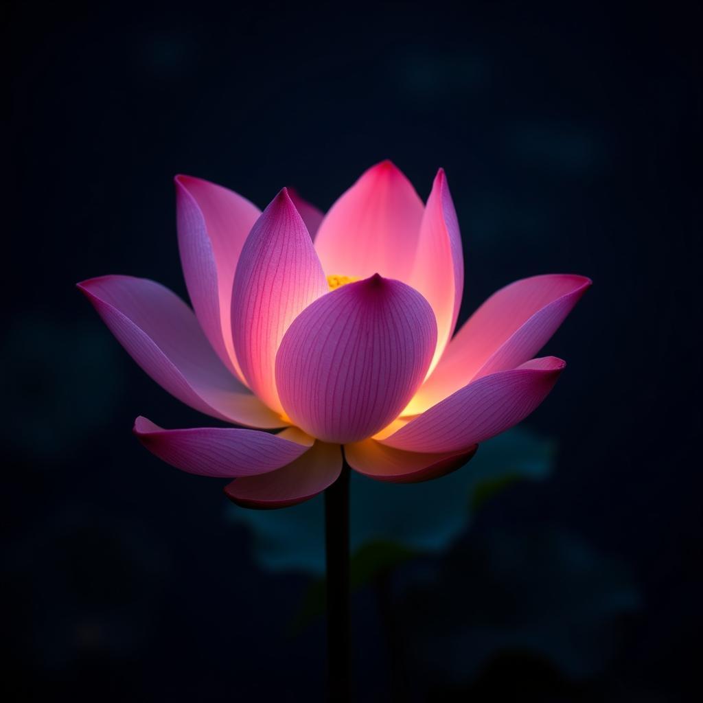 Lotus flower emitting a soft glow in the darkness