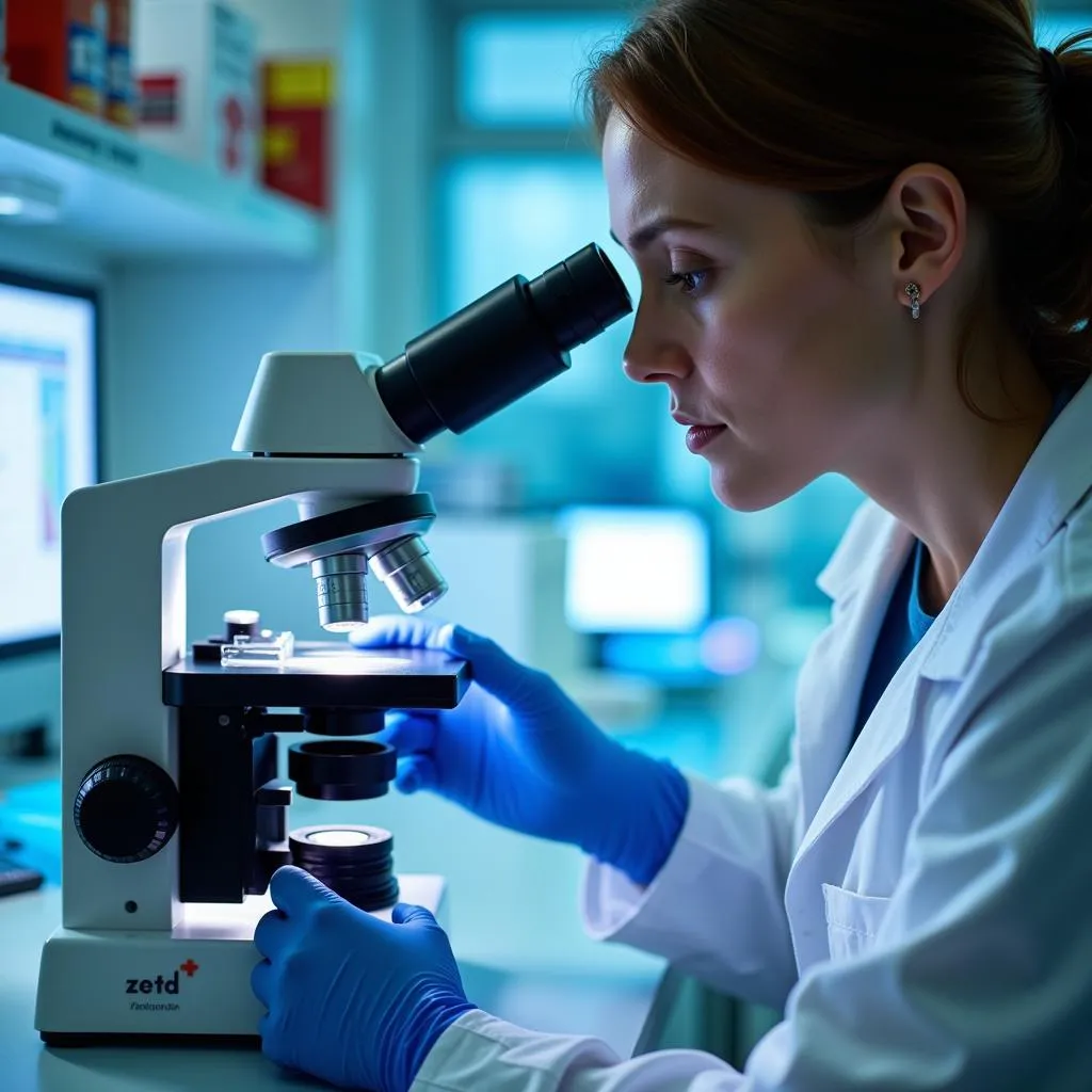 A scientist analyzing lupus cells in a laboratory