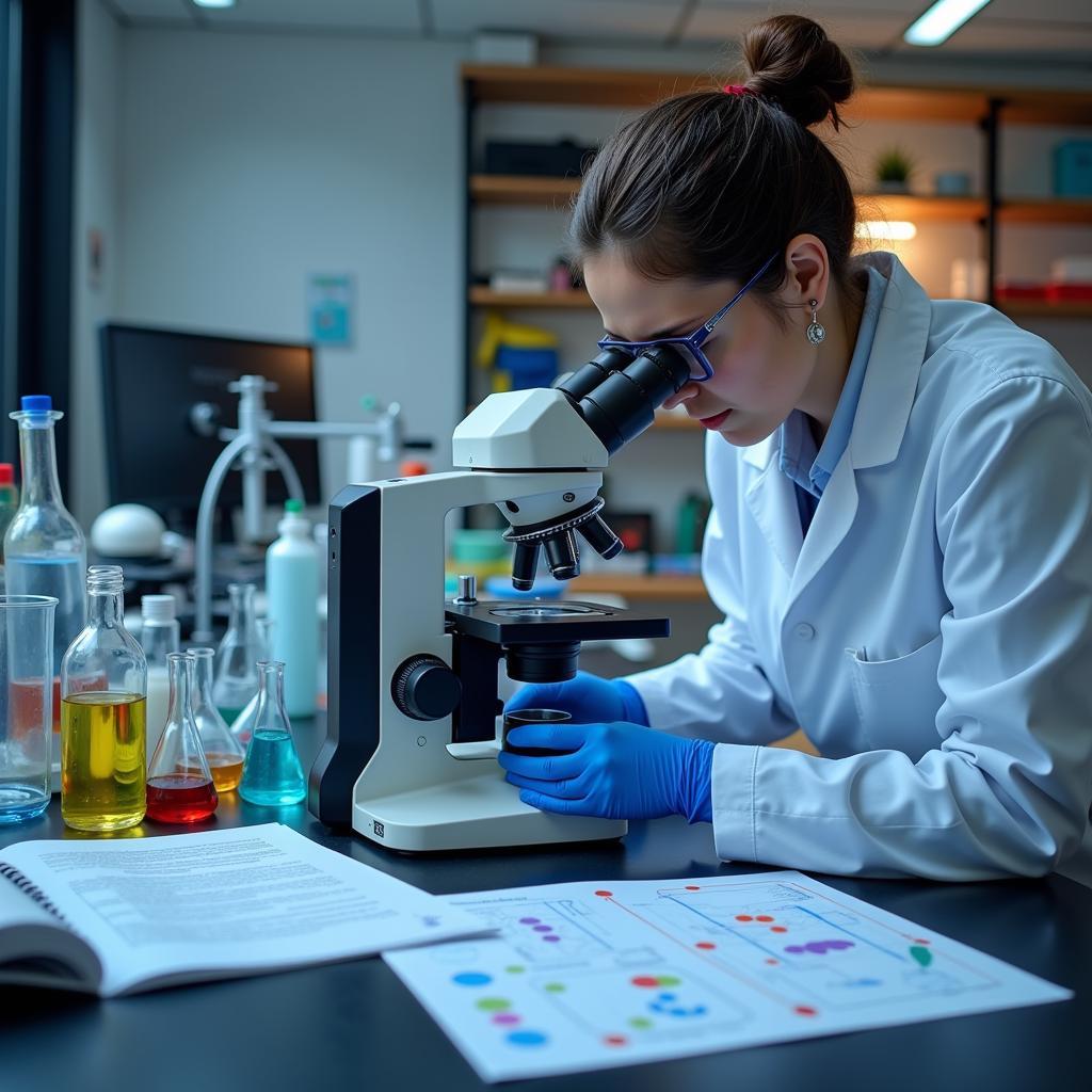 Scientist studying lupus cells under a microscope