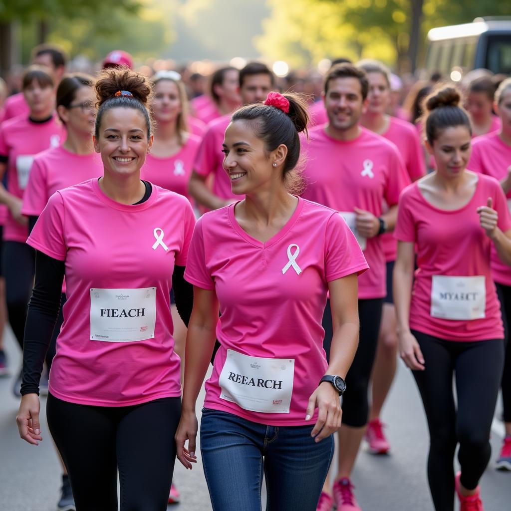 A group of people participating in a Lynn Sage breast cancer awareness event