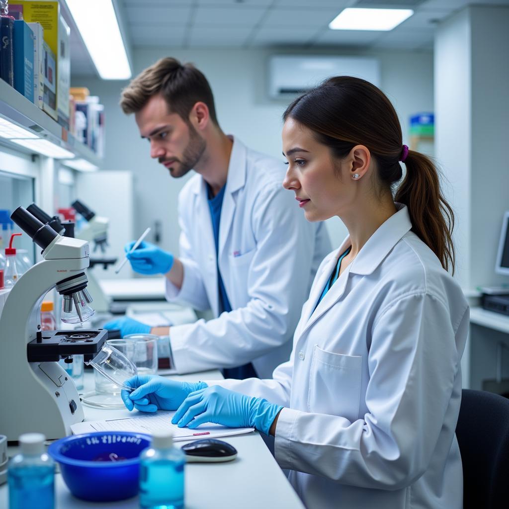 Scientists working in a Lynn Sage Cancer Research Laboratory