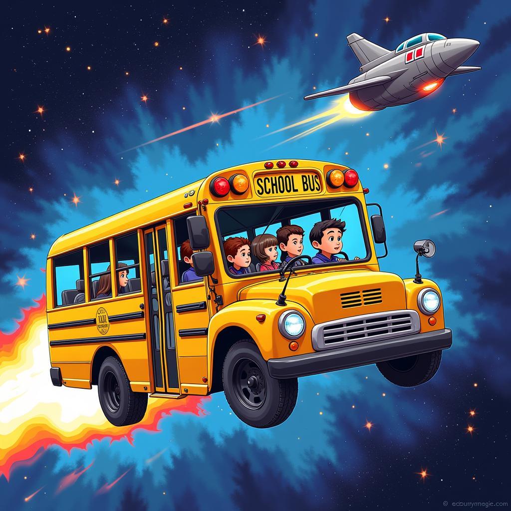 The Magic School Bus transforming into a spaceship mid-flight.