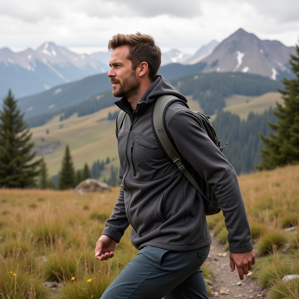 Man hiking in the mountains wearing Outdoor Research Grid fleece