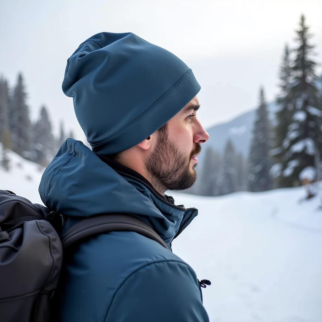 Man wearing Outdoor Research Coldfront Down Beanie while hiking in snowy landscape