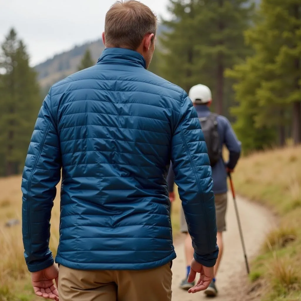 Hiker wearing Outdoor Research Men's Helium Down Jacket on a trail