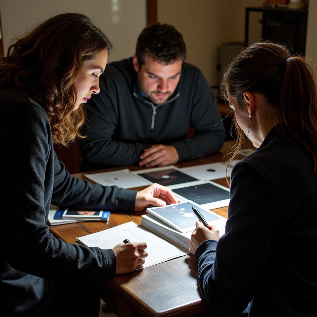 Paranormal investigators examining evidence