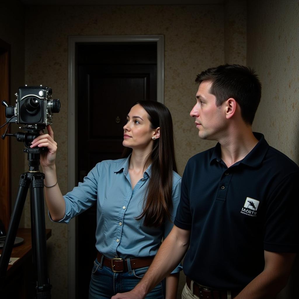 Two researchers conducting an investigation in a dimly lit, abandoned house