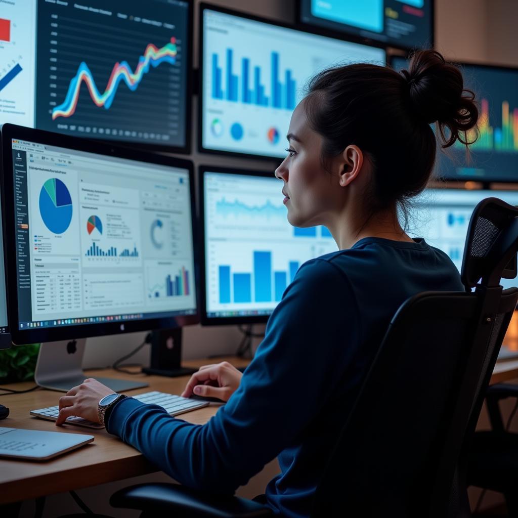 A market research analyst analyzing data on a computer screen.