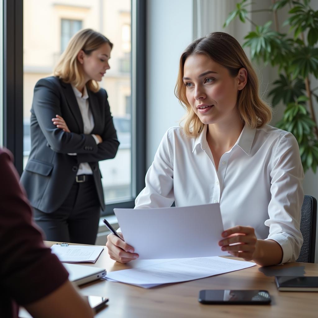 A market research professional reviews potential job offers with their headhunter