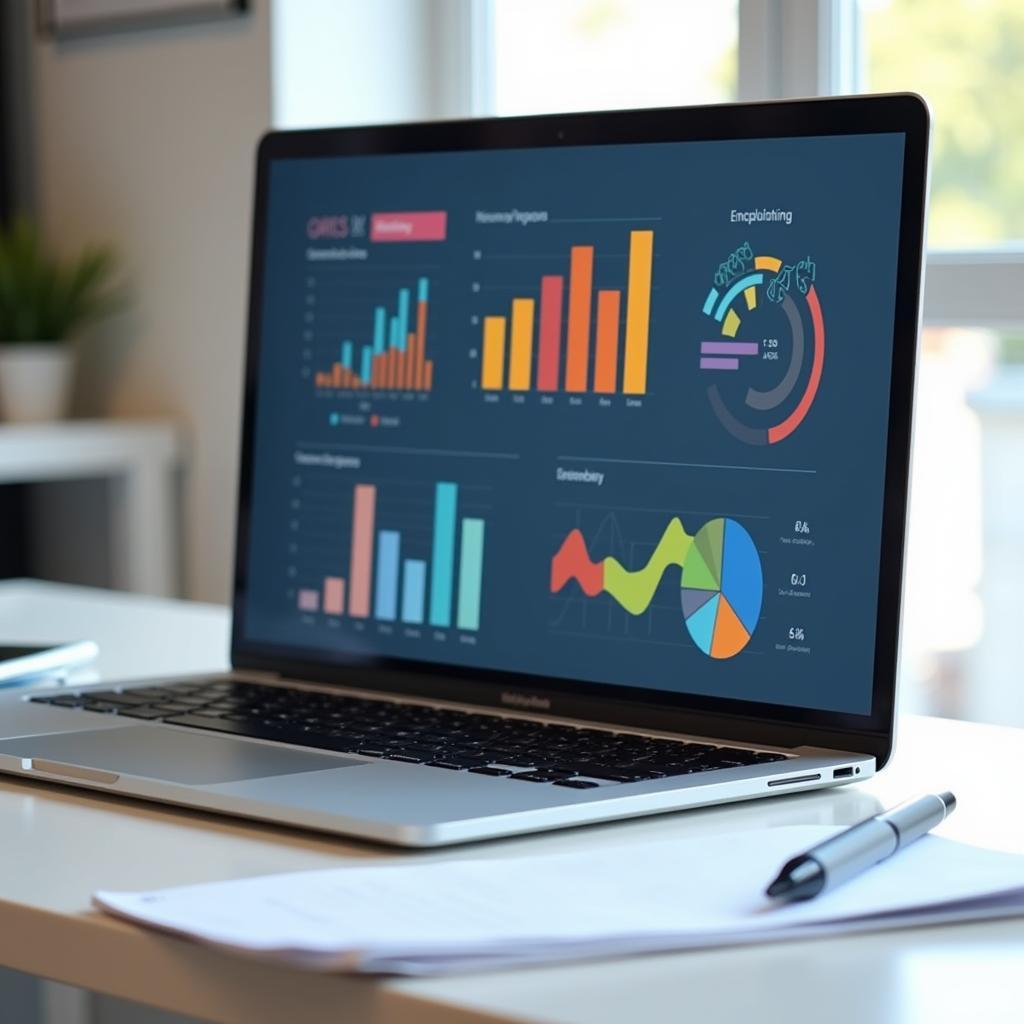 Laptop displaying charts and graphs next to a notepad and pen.