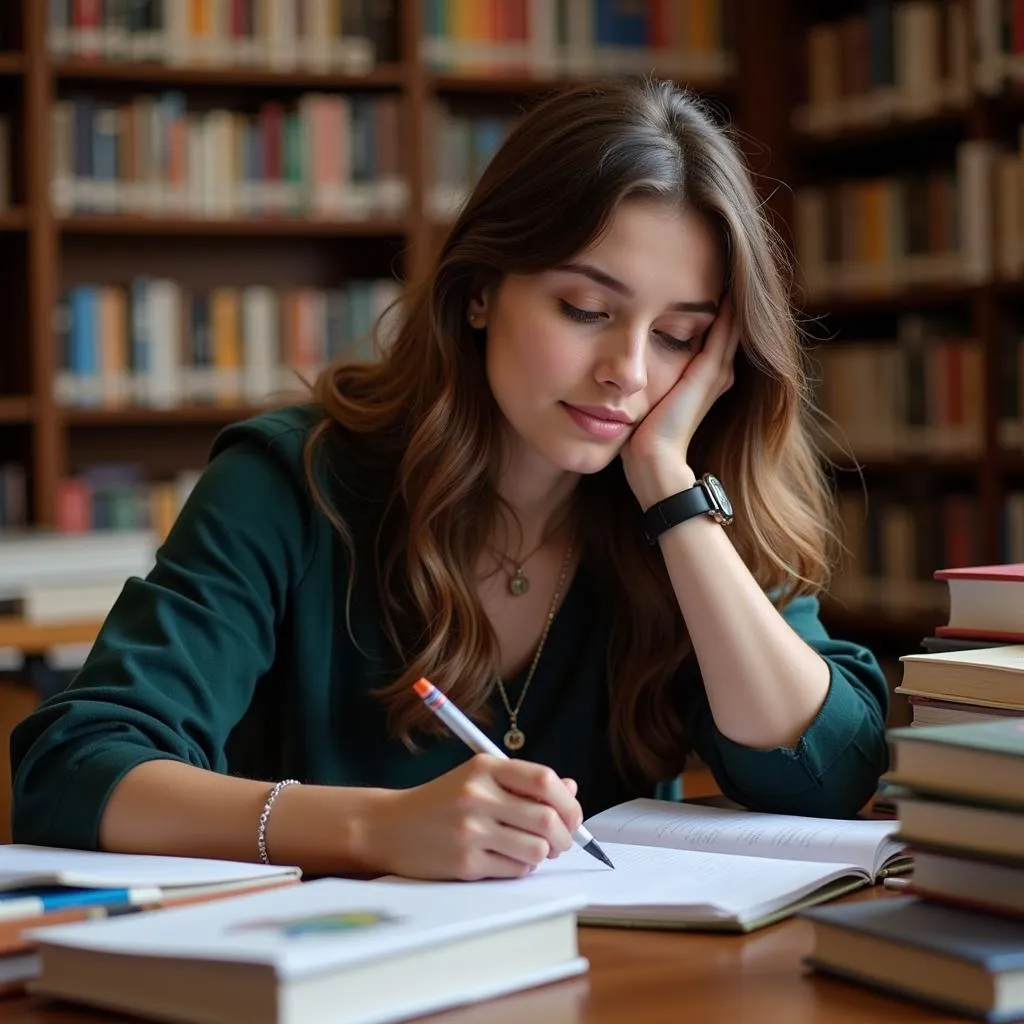 A student engrossed in research at a library