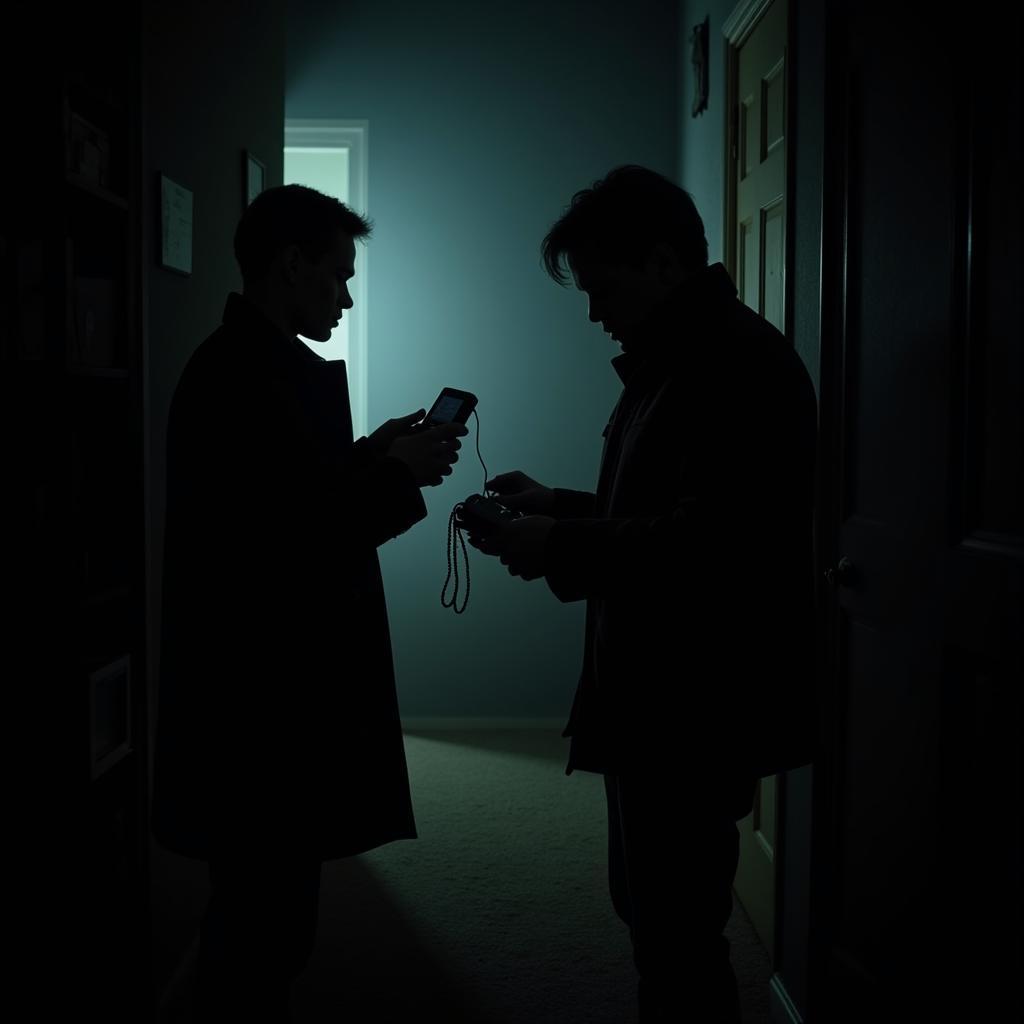 Paranormal investigators using equipment during a McGuire research session