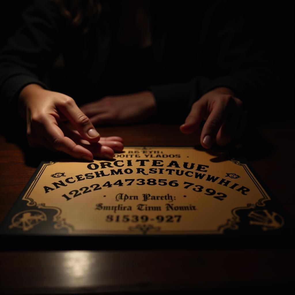 A hand holding a planchette on a Ouija board, attempting to communicate with spirits