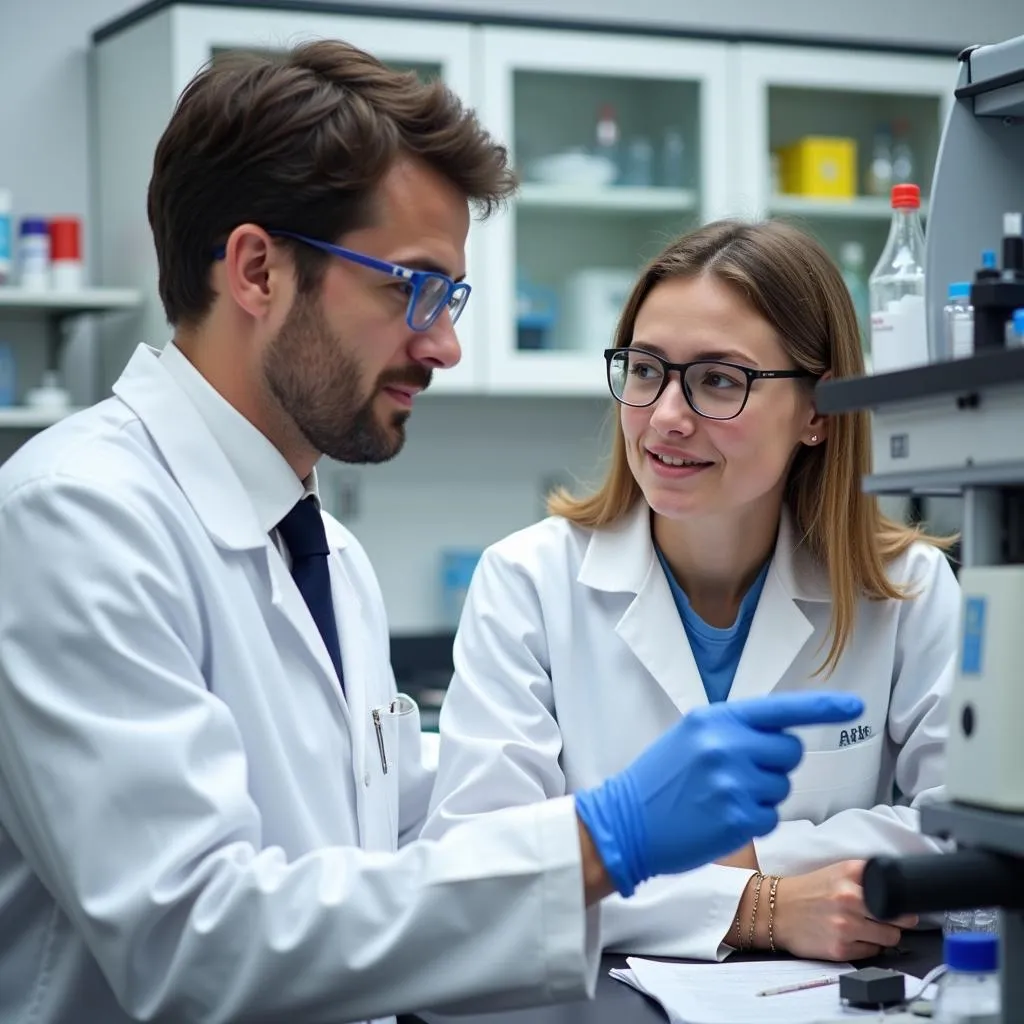 Experienced scientist guiding a young researcher in the lab