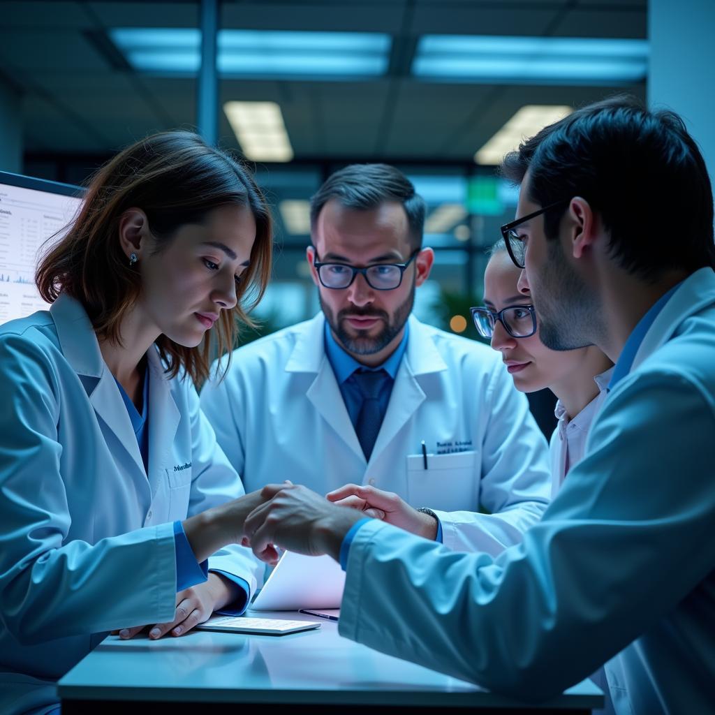 Medical researchers analyzing data in a collaborative setting