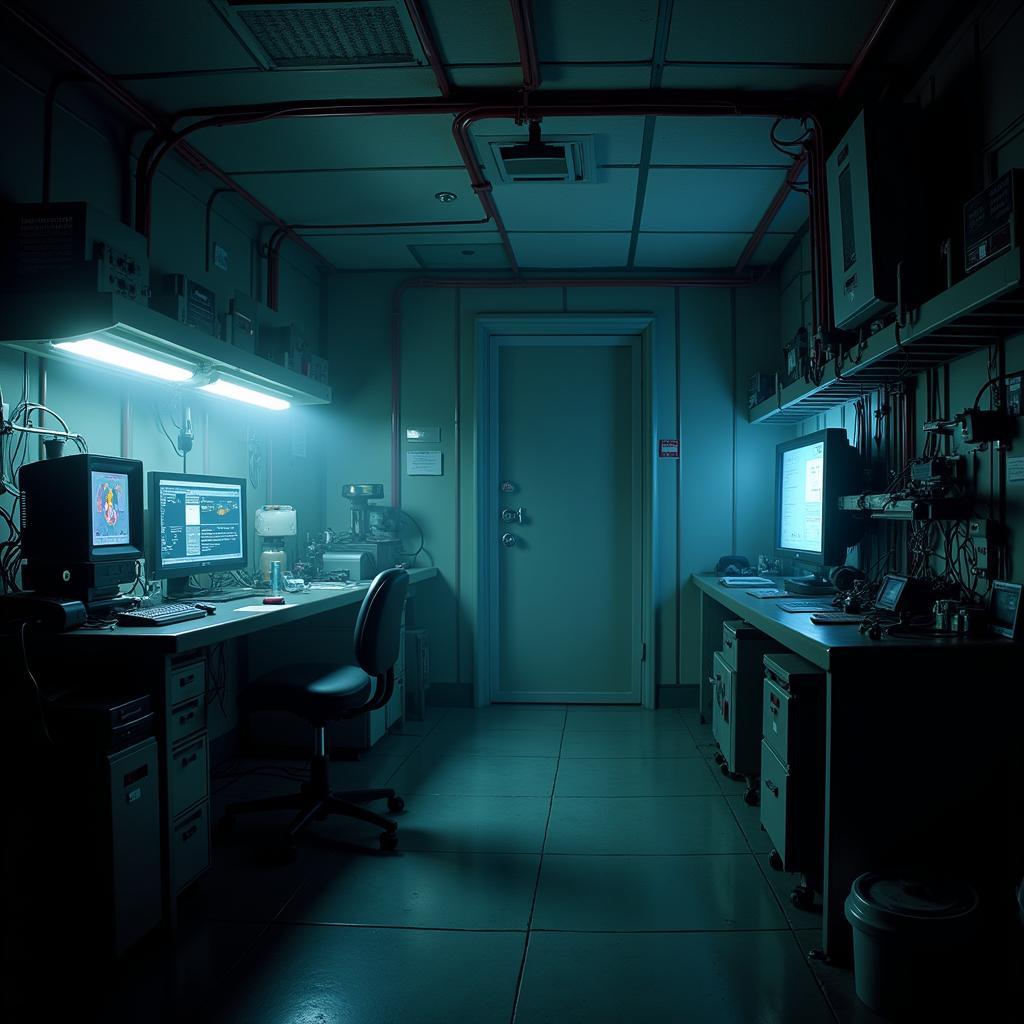 A dimly lit laboratory in Metcut Research with various scientific equipment.