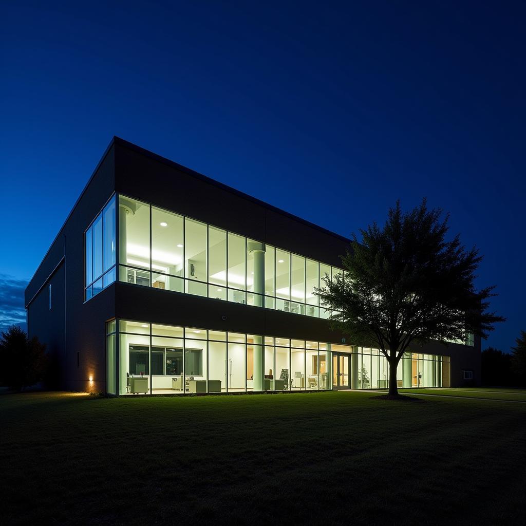 Modern research facility with glowing windows at night