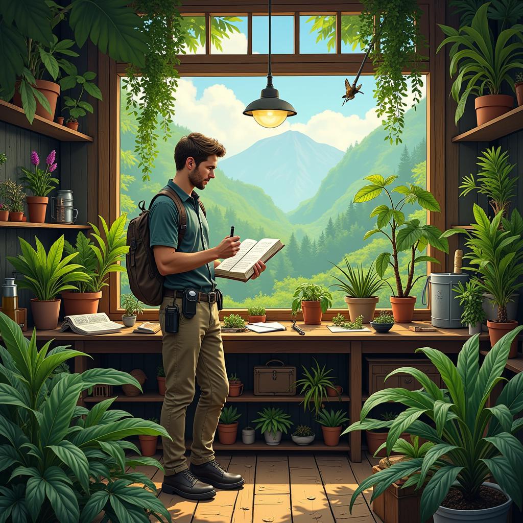 A Hunter Examining Plants at a Research Station