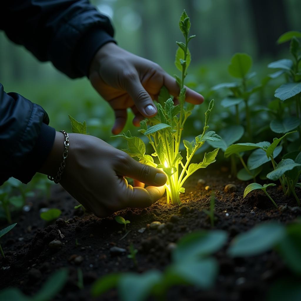 Close-up of a Hunter Cultivating Rare Plants