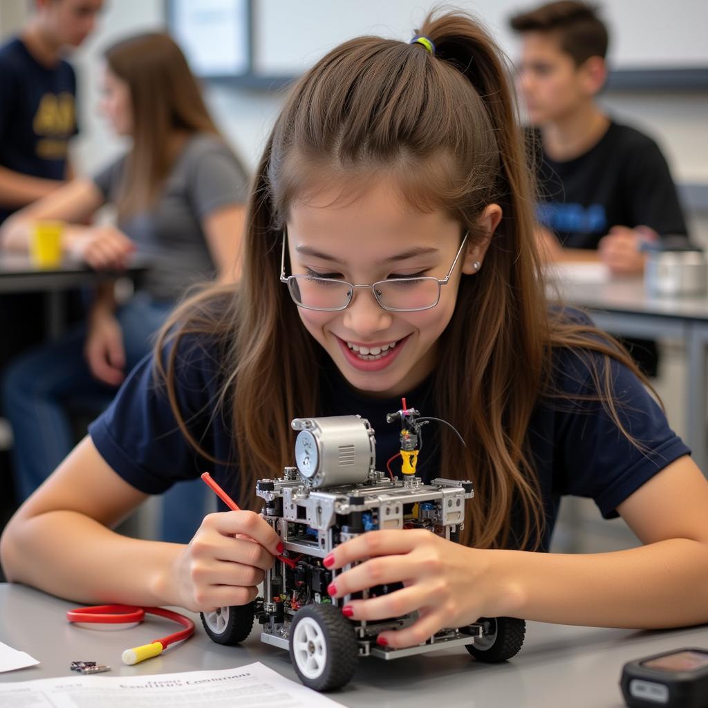 Middle school student deeply engrossed in a robotics project