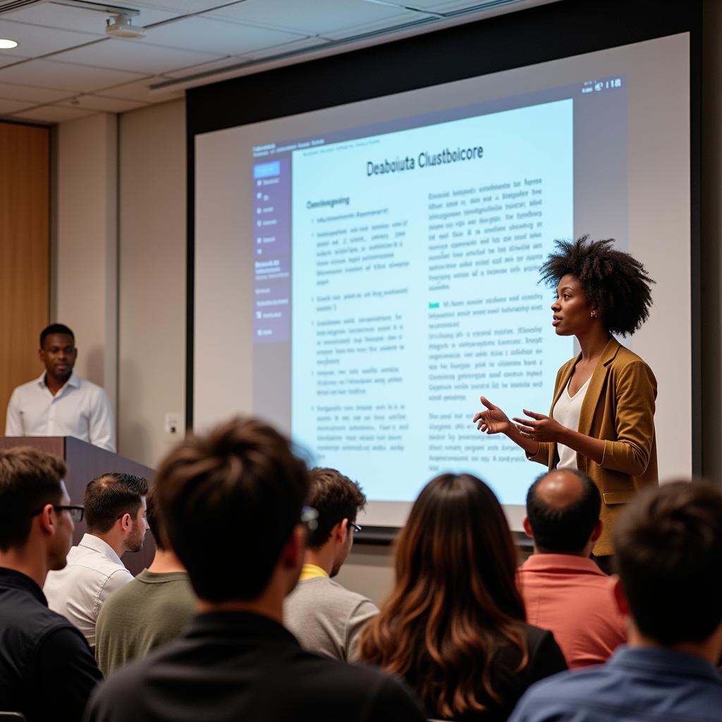 Minority student presenting research at a scientific conference