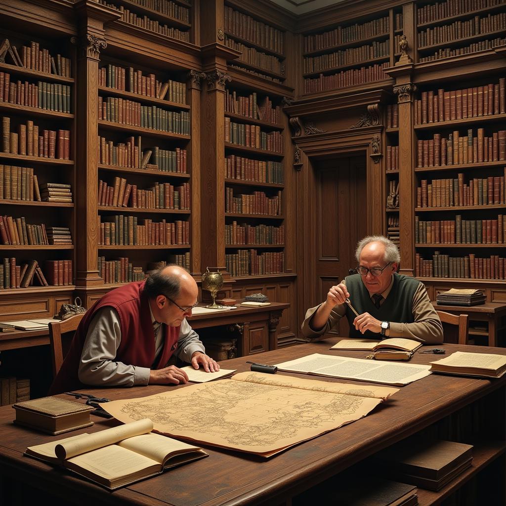 Researchers examining ancient texts in library