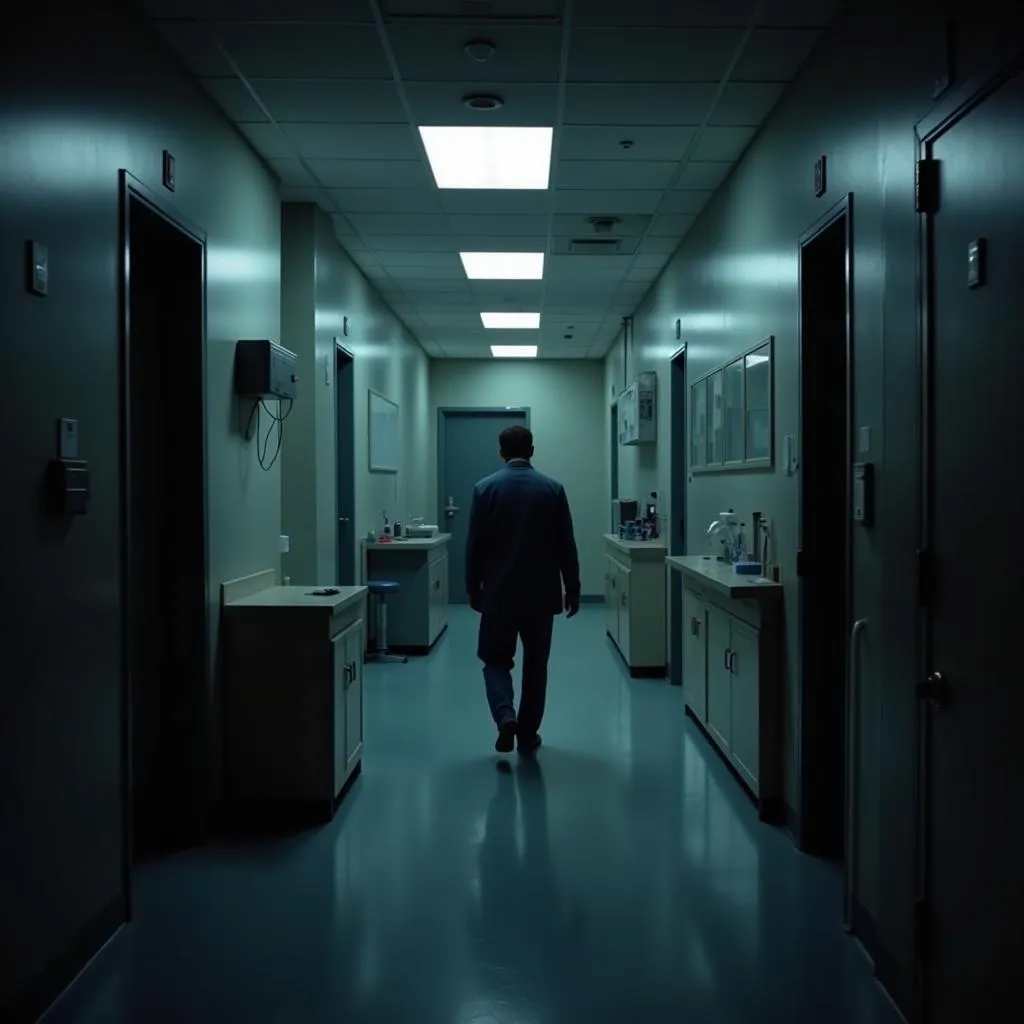 A shadowy figure walking down a dimly lit hallway in a research facility, with lab equipment visible in the background