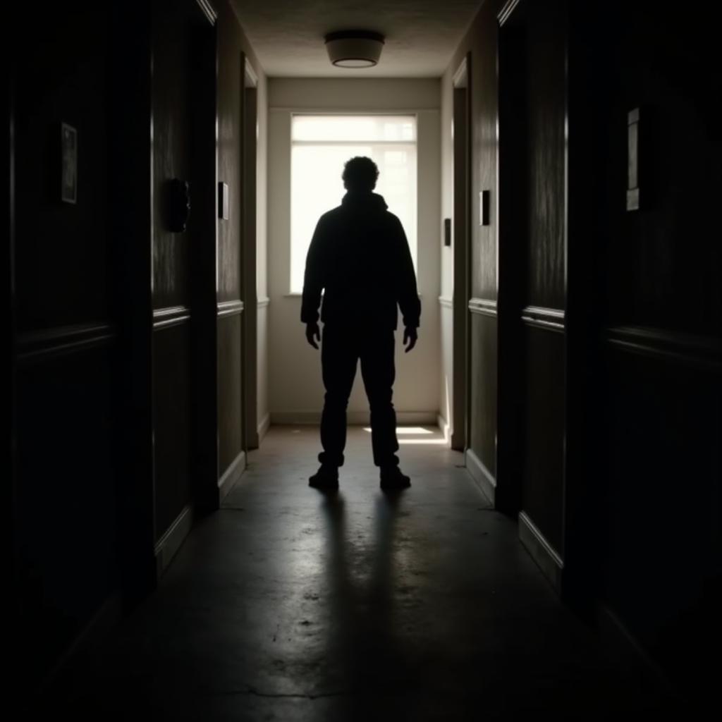 A shadowy figure silhouetted against a dimly lit hallway