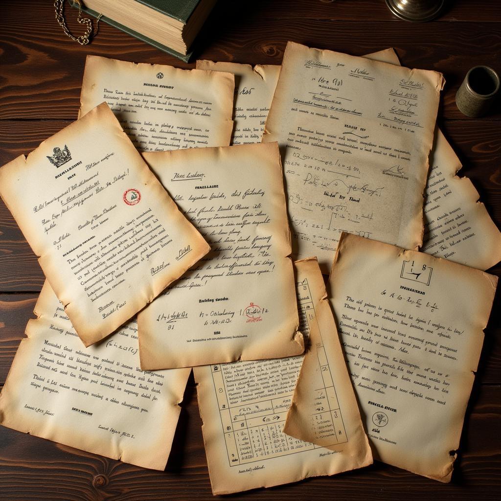 Collection of documents with strange symbols and handwritten notes