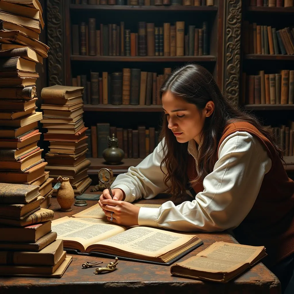 Scholar surrounded by ancient texts