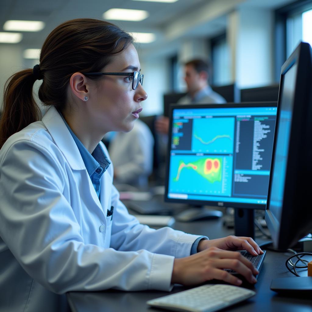 A scientist in a lab coat meticulously analyzing data on a computer screen.