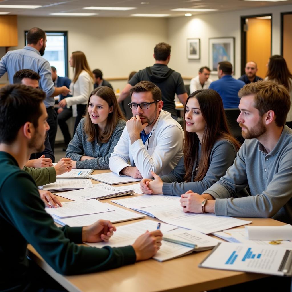 A diverse group of scientists engaged in a lively discussion around a conference table.