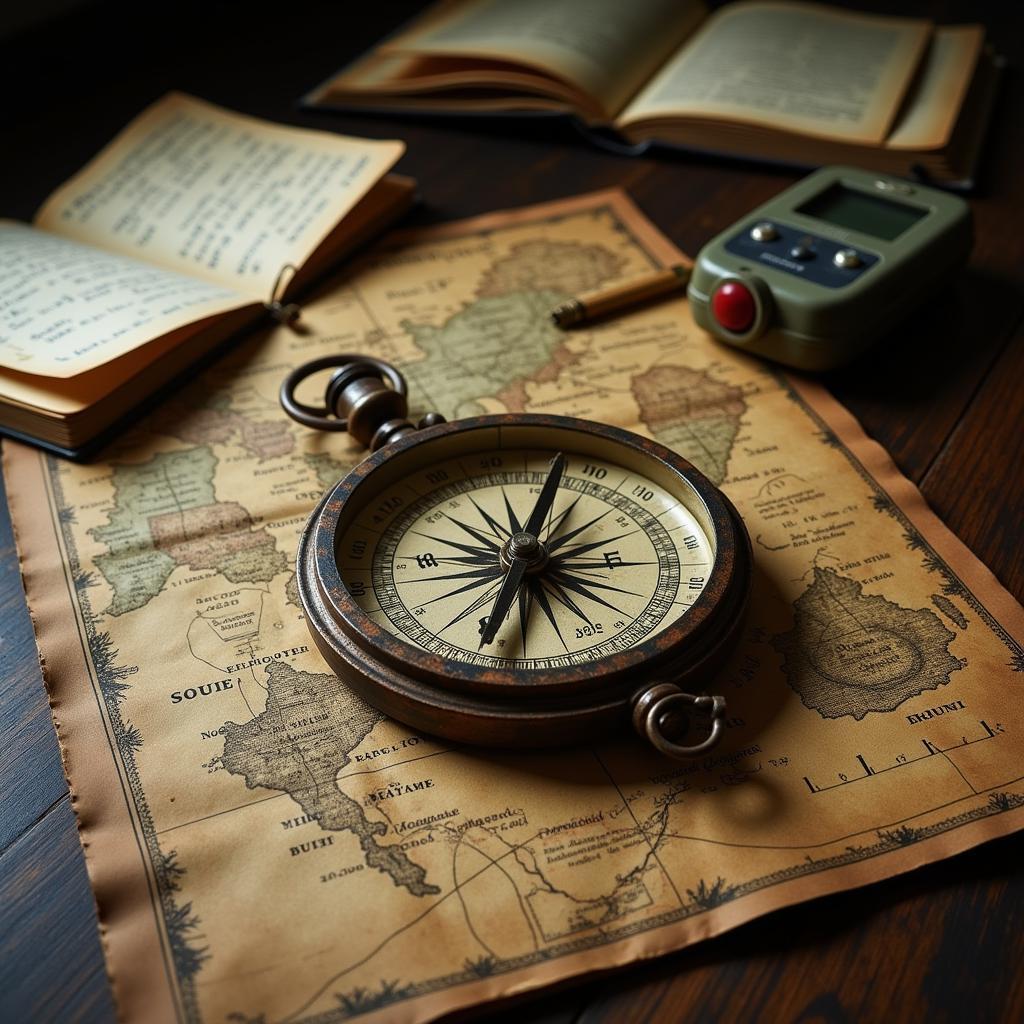 Navigating Subjectivity in Paranormal Research: A compass rests on an ancient map, surrounded by research notes and equipment, symbolizing the importance of finding direction and maintaining objectivity in a field filled with subjective experiences.