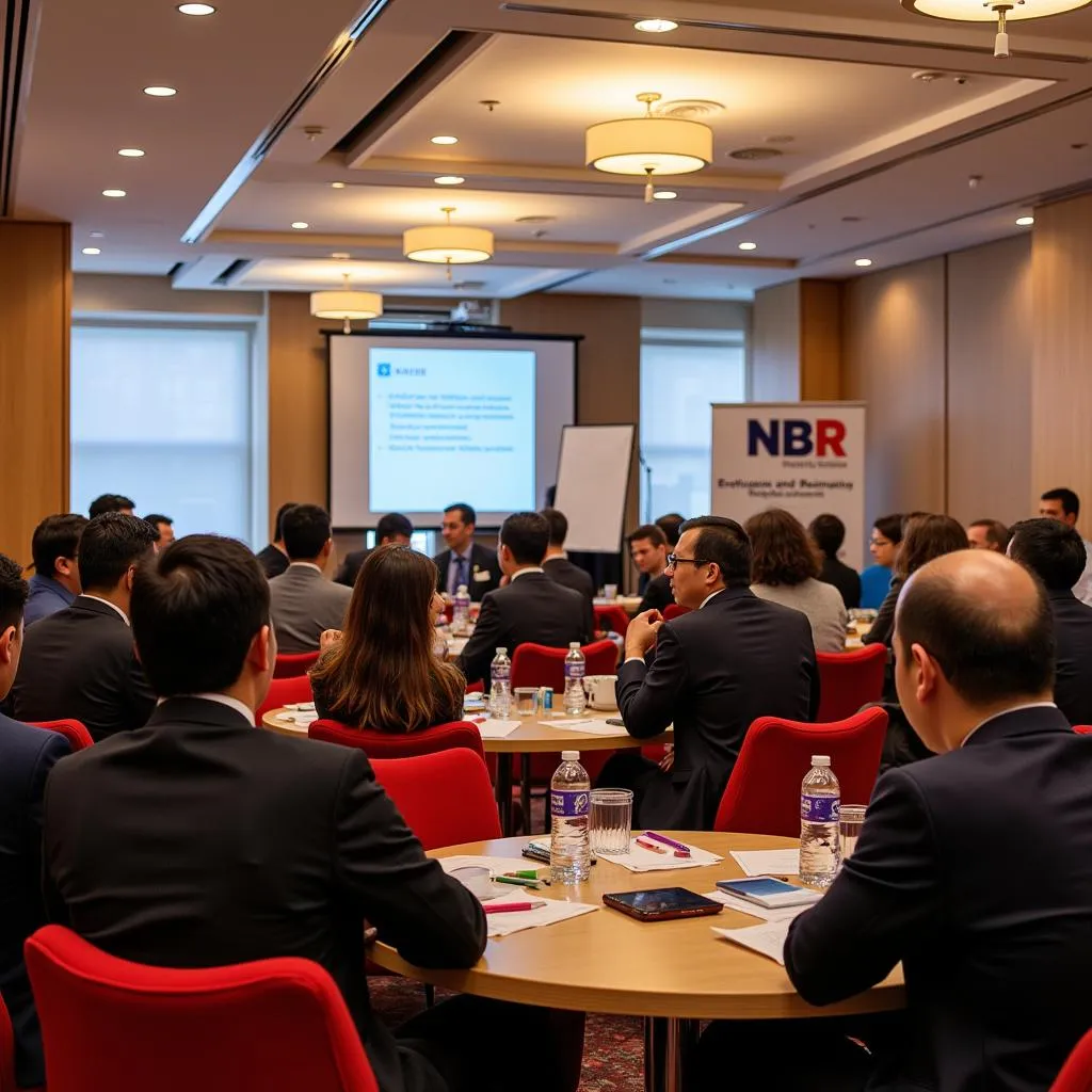 Diverse group of people engaged in a discussion at an NBR policy forum