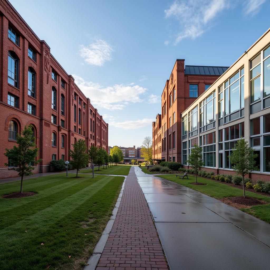 Historic mill buildings juxtaposed with modern research facilities