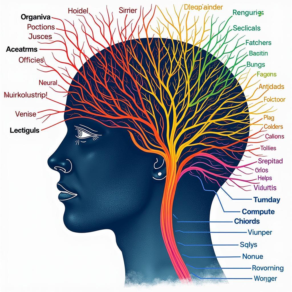 Brain with words highlighting neural pathways