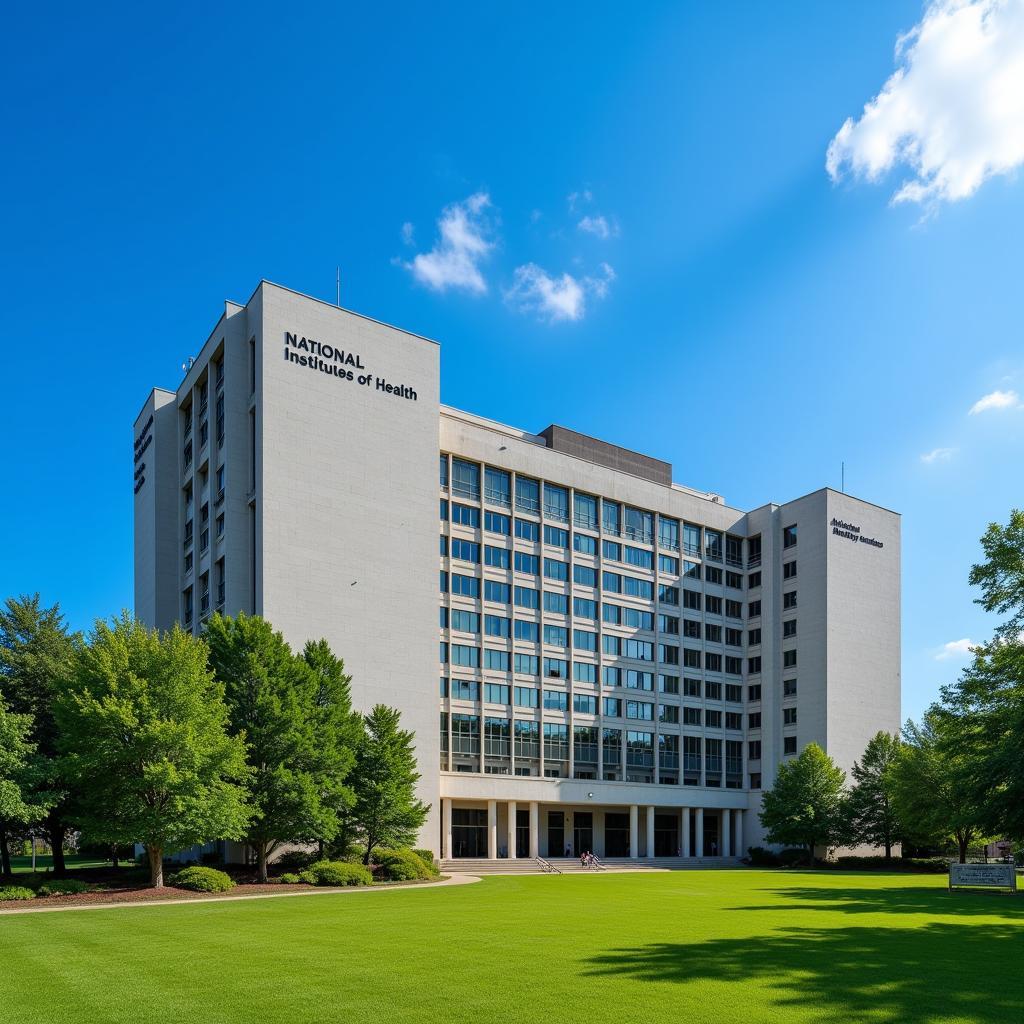 The exterior of a large, modern building with the sign "National Institutes of Health"