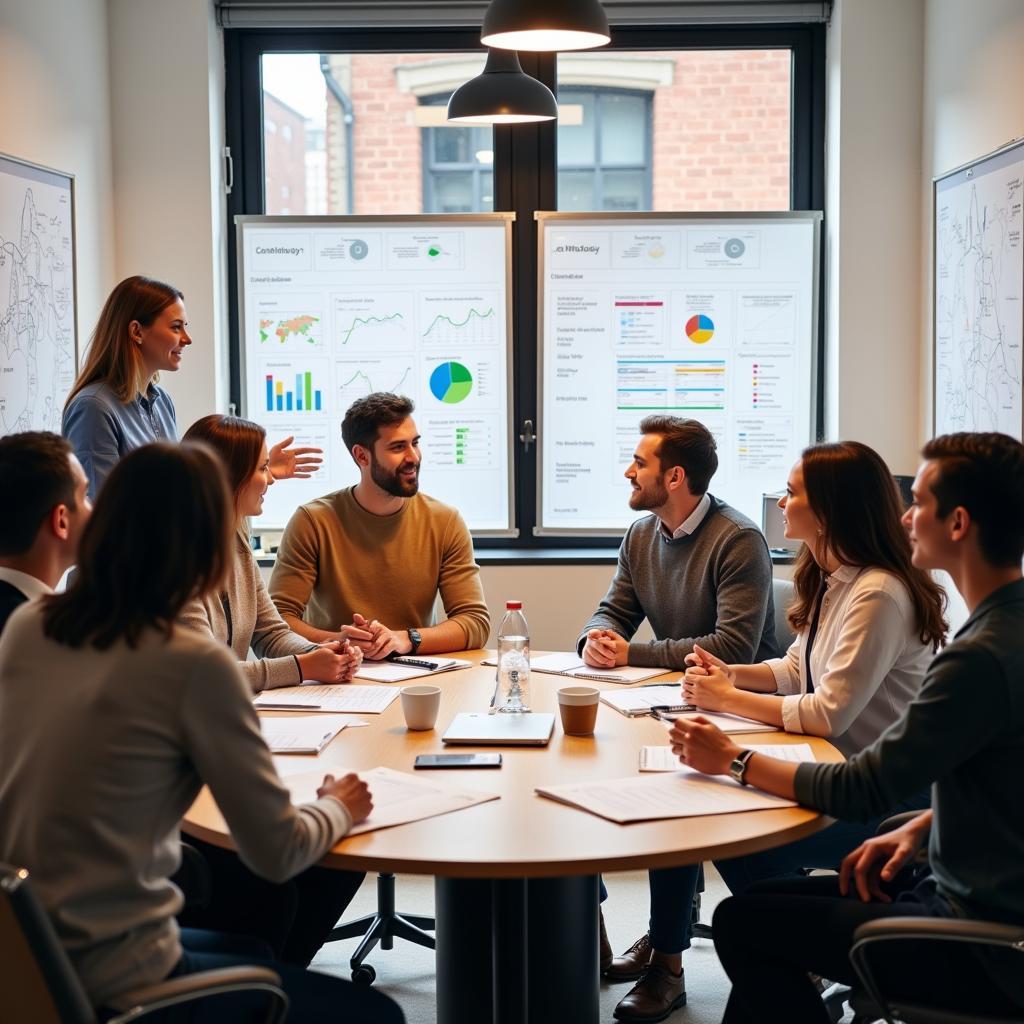 Nonprofit team collaborating on a research project in a meeting room.