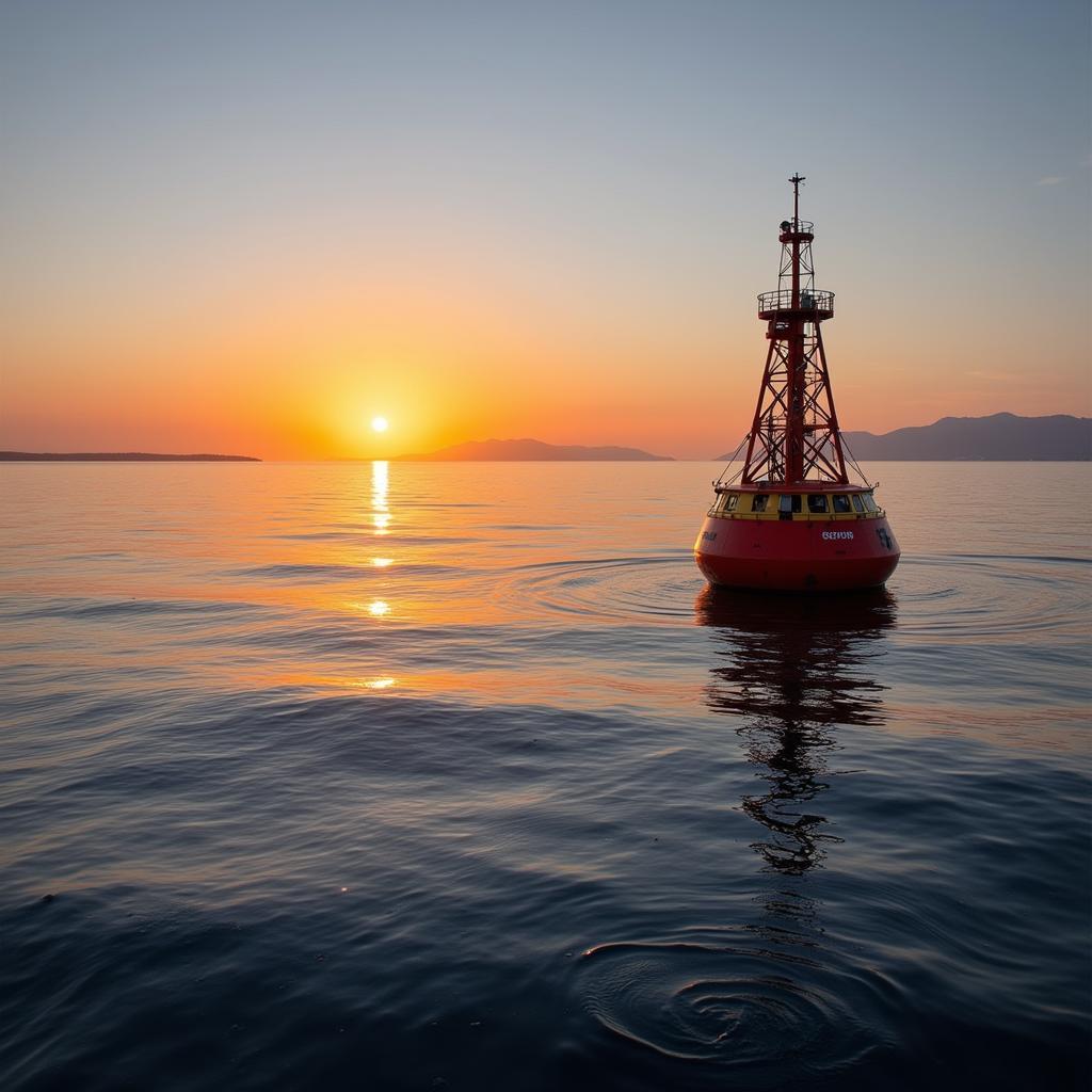 A Research Buoy Collecting Data in the North Pacific Ocean at Sunset