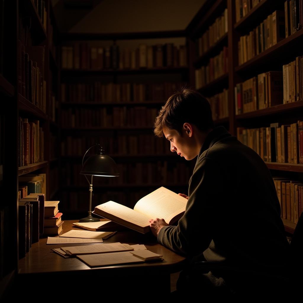 Student researching historical paranormal accounts in Northwestern's library archives