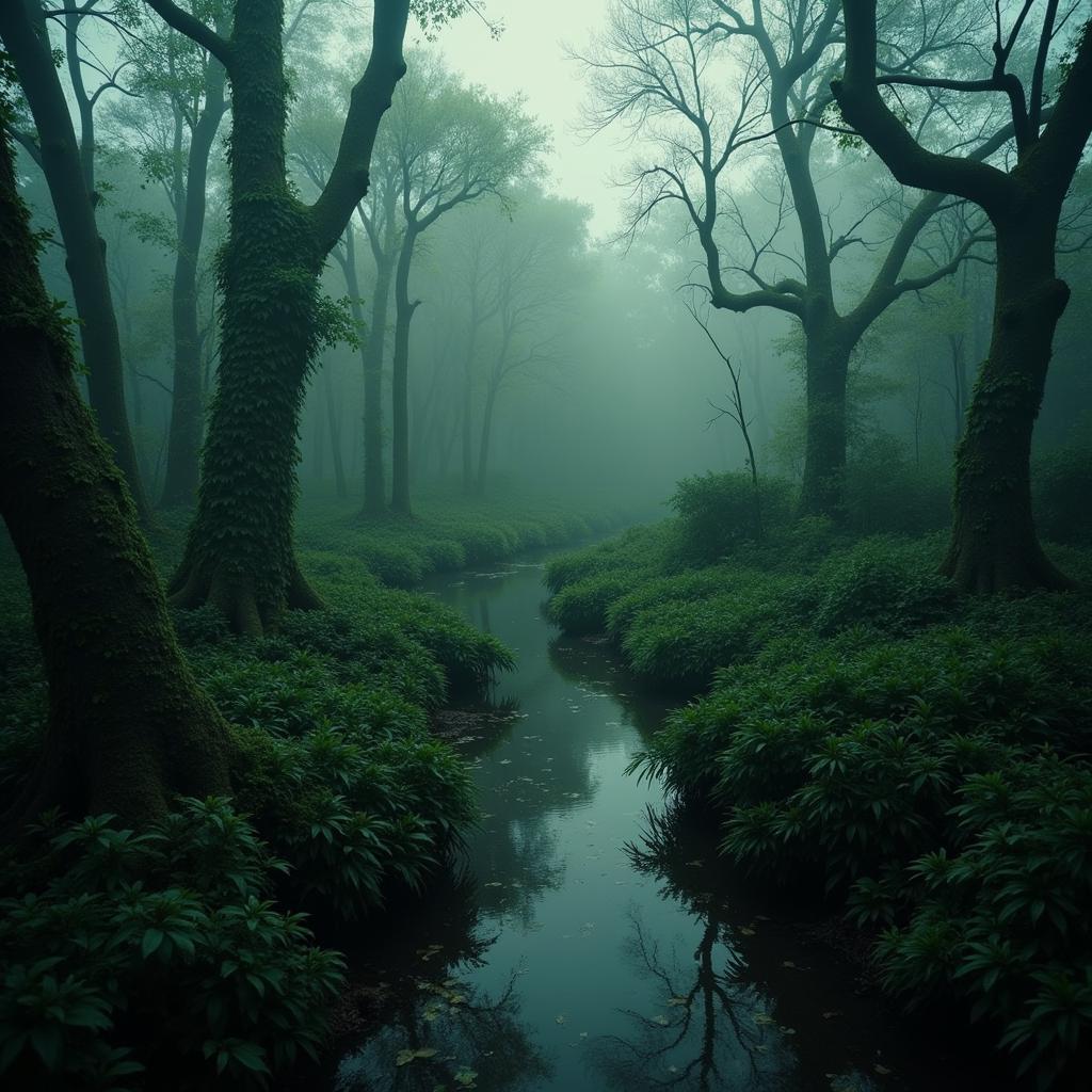 Aerial view of a dense, misty noxious swamp