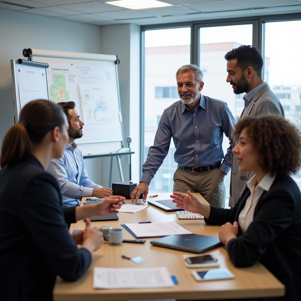 Diverse group of professionals engaged in a strategic consulting session