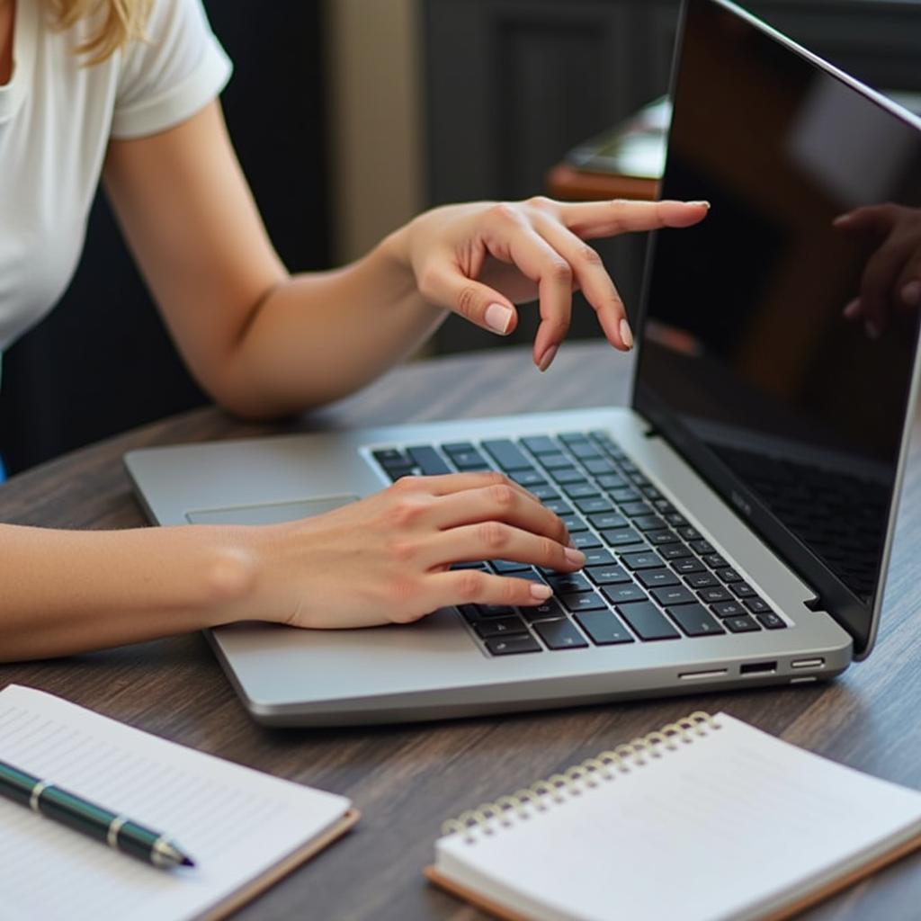 A person working on a laptop with a notebook and pen on the side